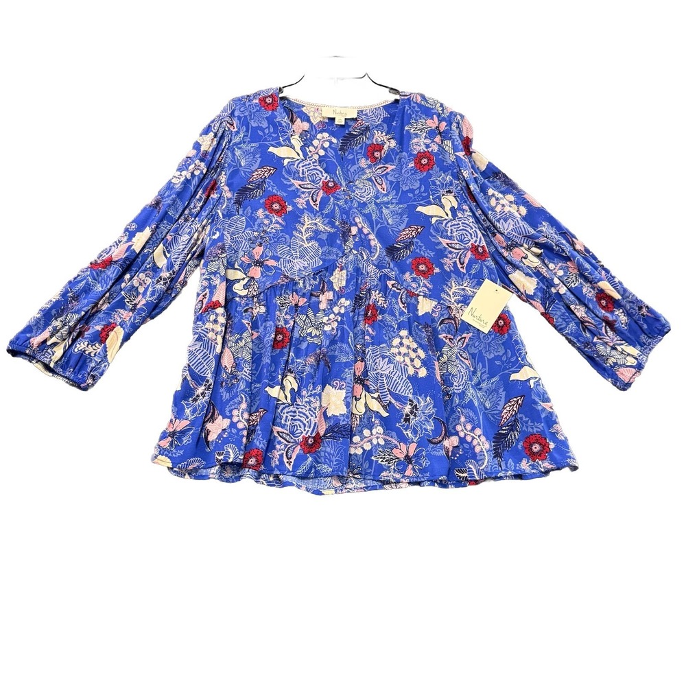 Nurture Westbound Top sz 2X Blue Floral Peasant Boho Artsy 3/4 Balloon Sleeve